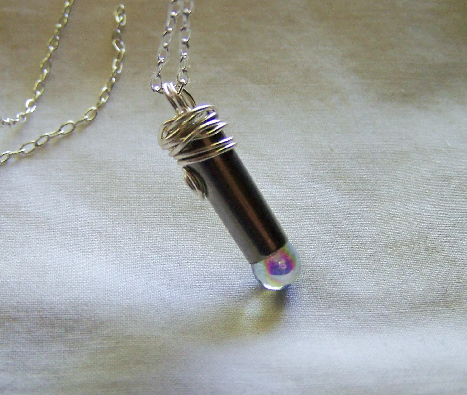 Aura Quartz Angel Teardrop Silver Bullet Pendant Necklace