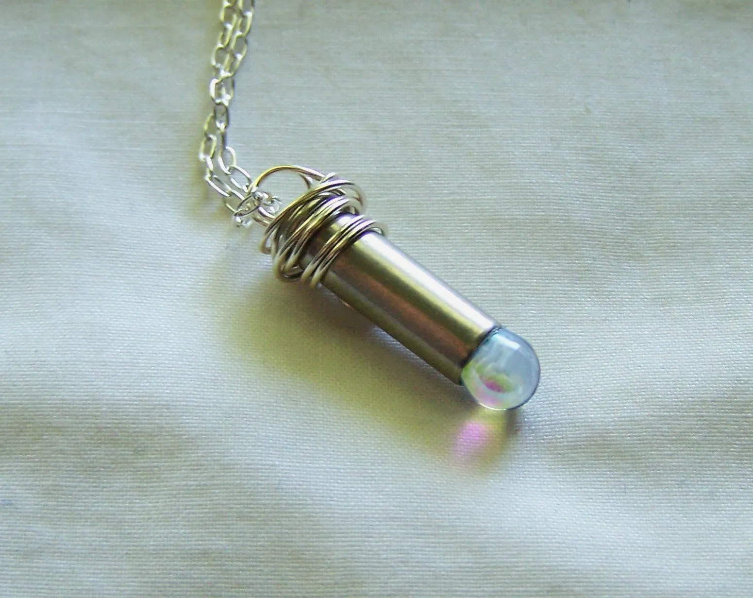 Aura Quartz Angel Teardrop Silver Bullet Pendant Necklace