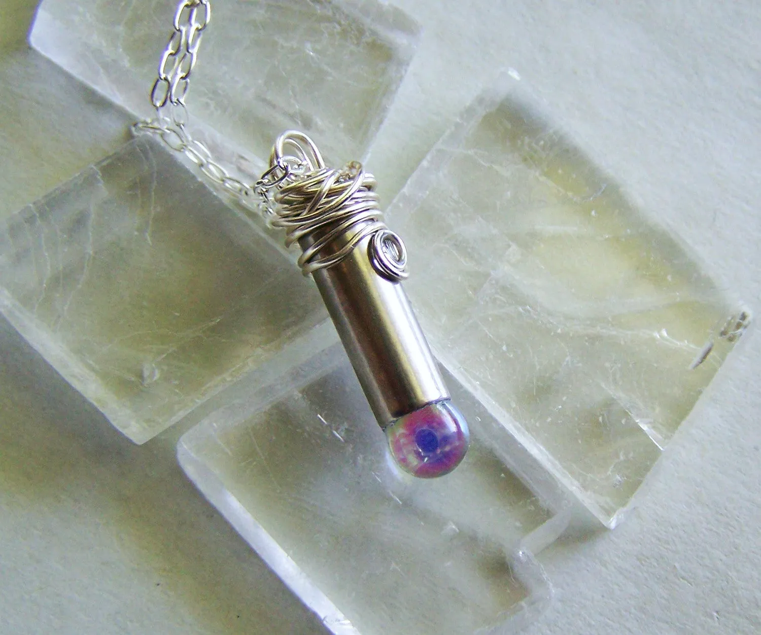 Aura Quartz Angel Teardrop Silver Bullet Pendant Necklace