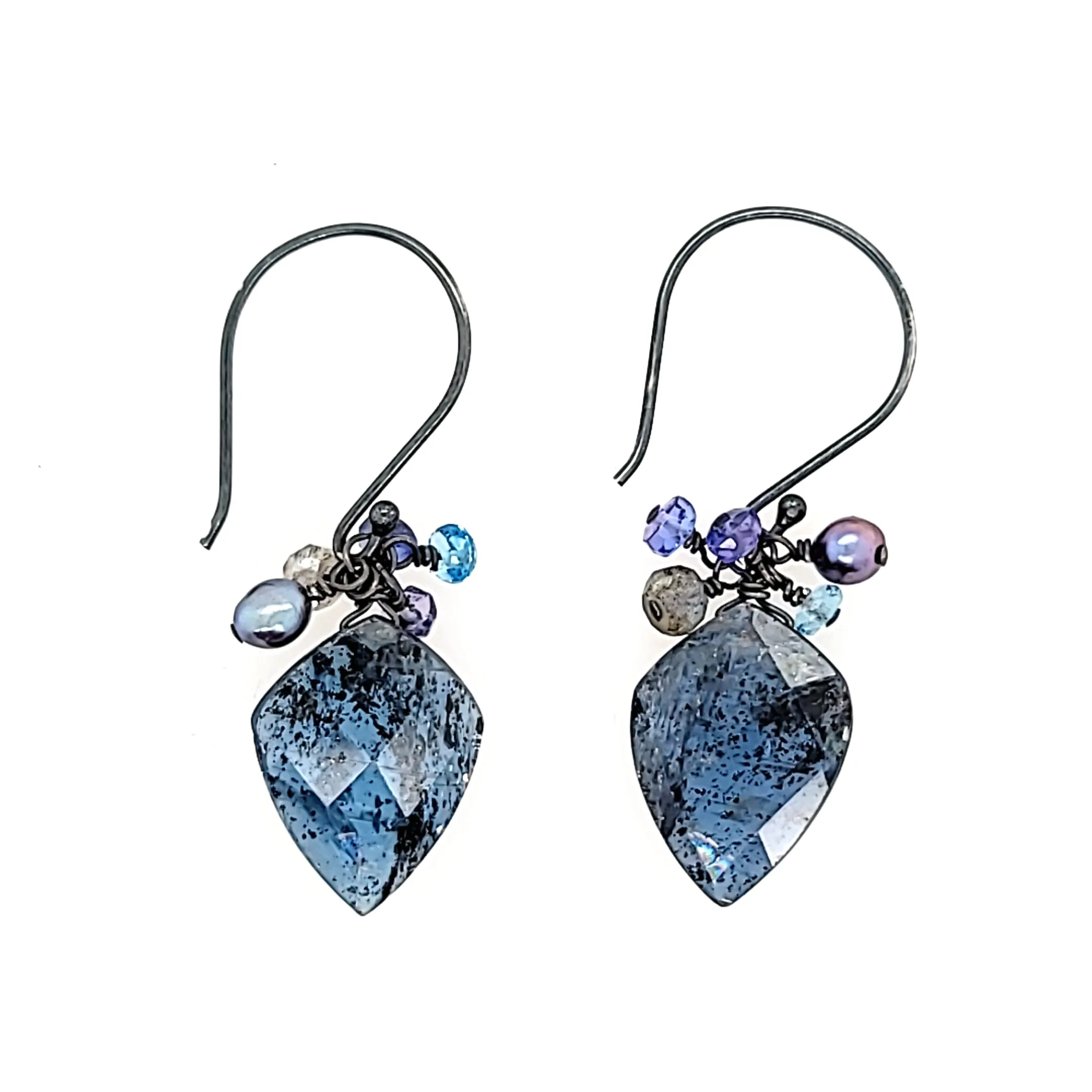 AVF Oxidized Indigo Kyanite, Tahitian Pearl, Tanzanite, Labradorite & Blue Topaz Cluster Earrings (SI2953)