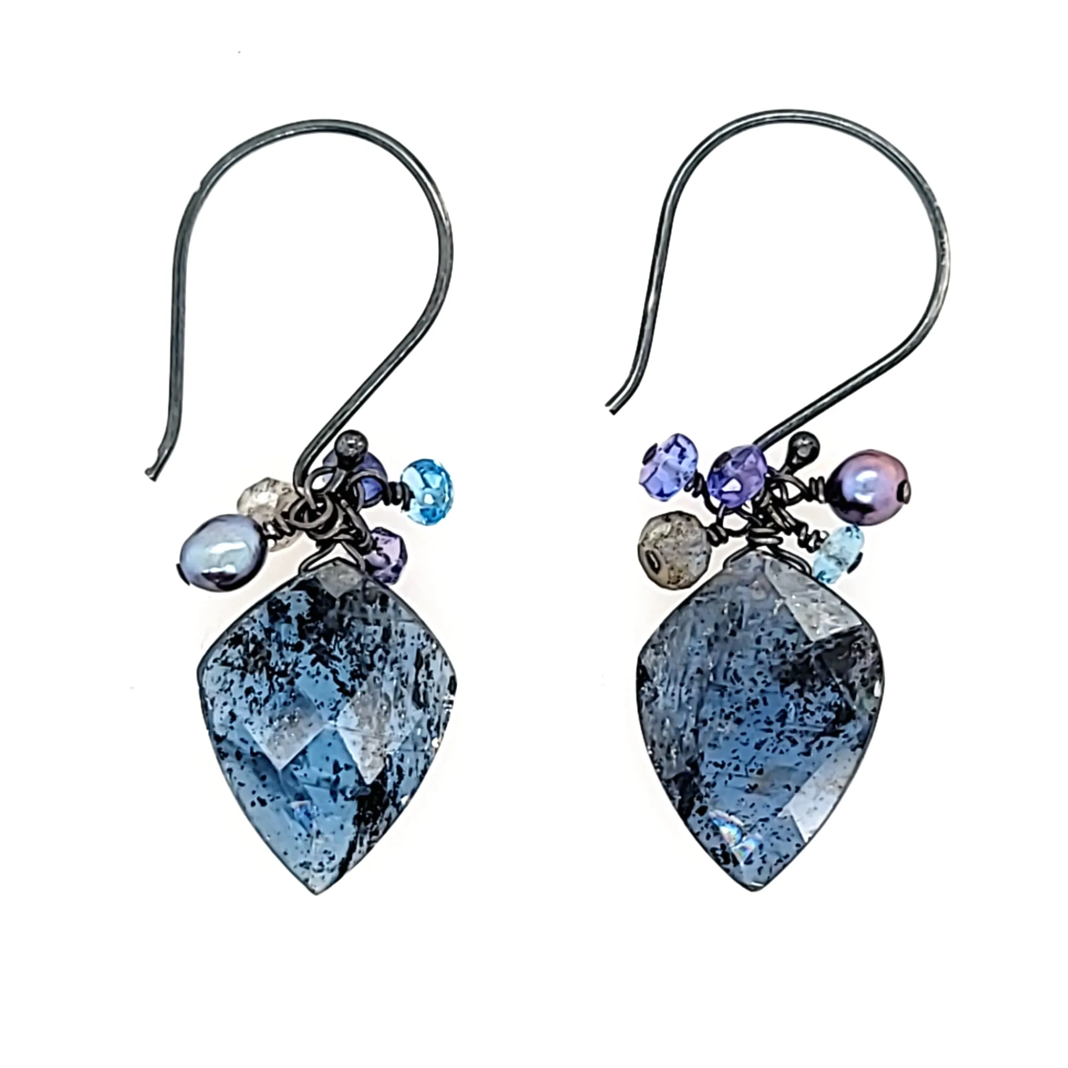 AVF Oxidized Indigo Kyanite, Tahitian Pearl, Tanzanite, Labradorite & Blue Topaz Cluster Earrings (SI2953)