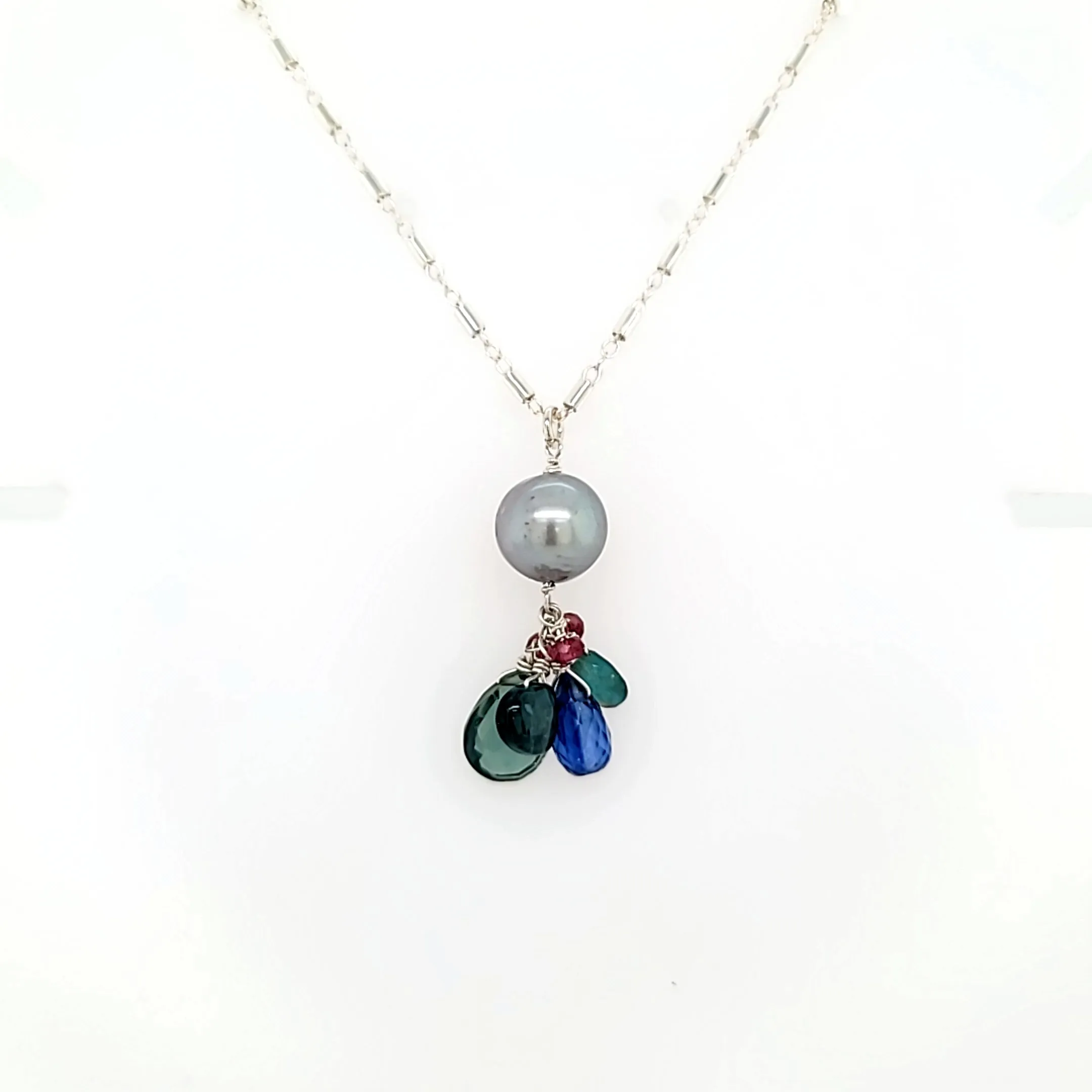 AVF Sterling Silver Tourmaline, Pearl, Kyanite, Grandidierite & Green Quartz Cluster Necklace (SI3704)