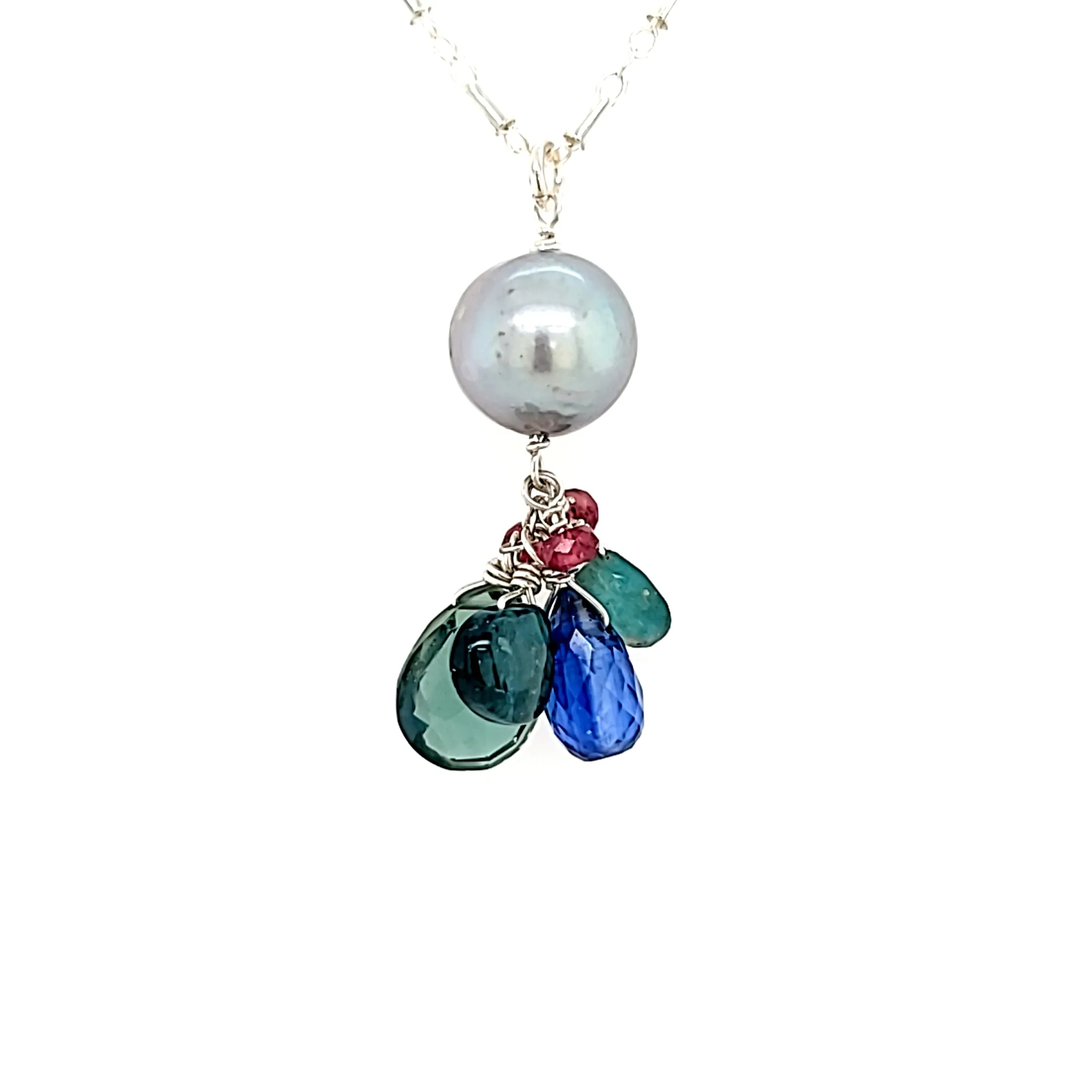 AVF Sterling Silver Tourmaline, Pearl, Kyanite, Grandidierite & Green Quartz Cluster Necklace (SI3704)