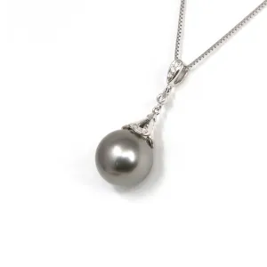 Baikalla Jewelry™ 18k Gold Round Black Tahitian South Sea Cultured Pearl & Diamond Pendant Necklace for Women in AAA Quality