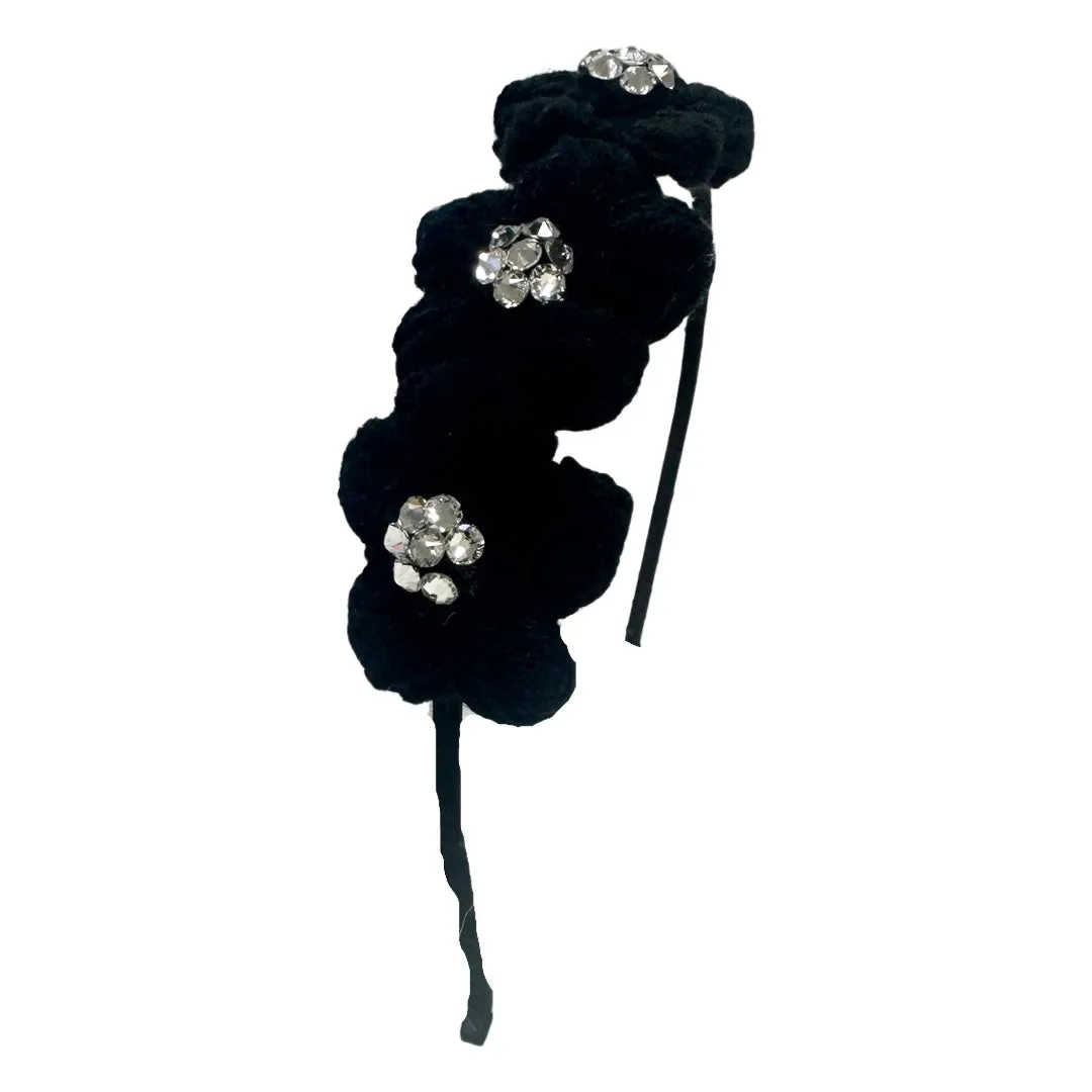 Bari Lynn Crystallized Crochet Triple Flower Headband - Black