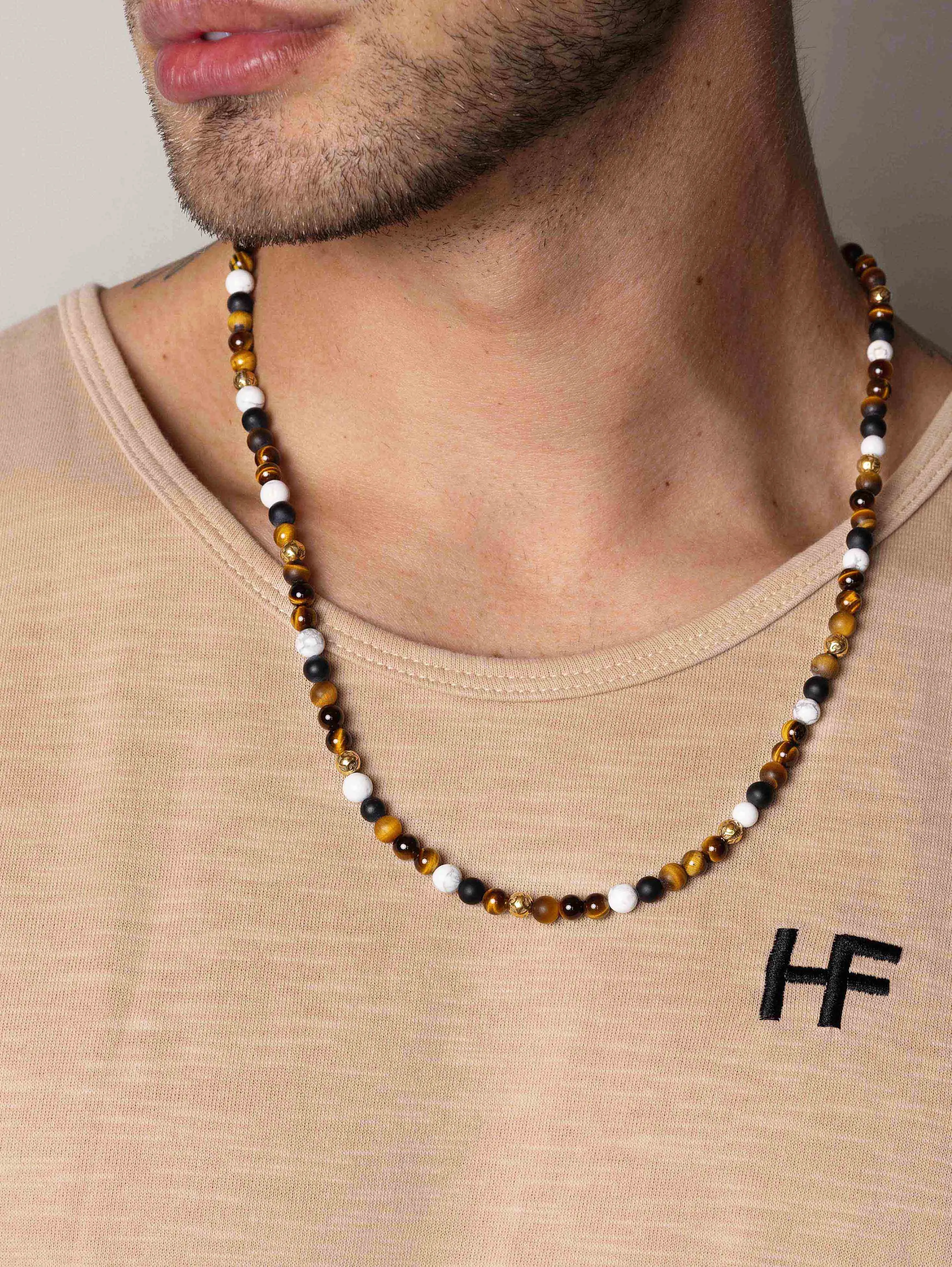 Beaded Necklace with Brown Tiger Eye, Howlite, and Onyx