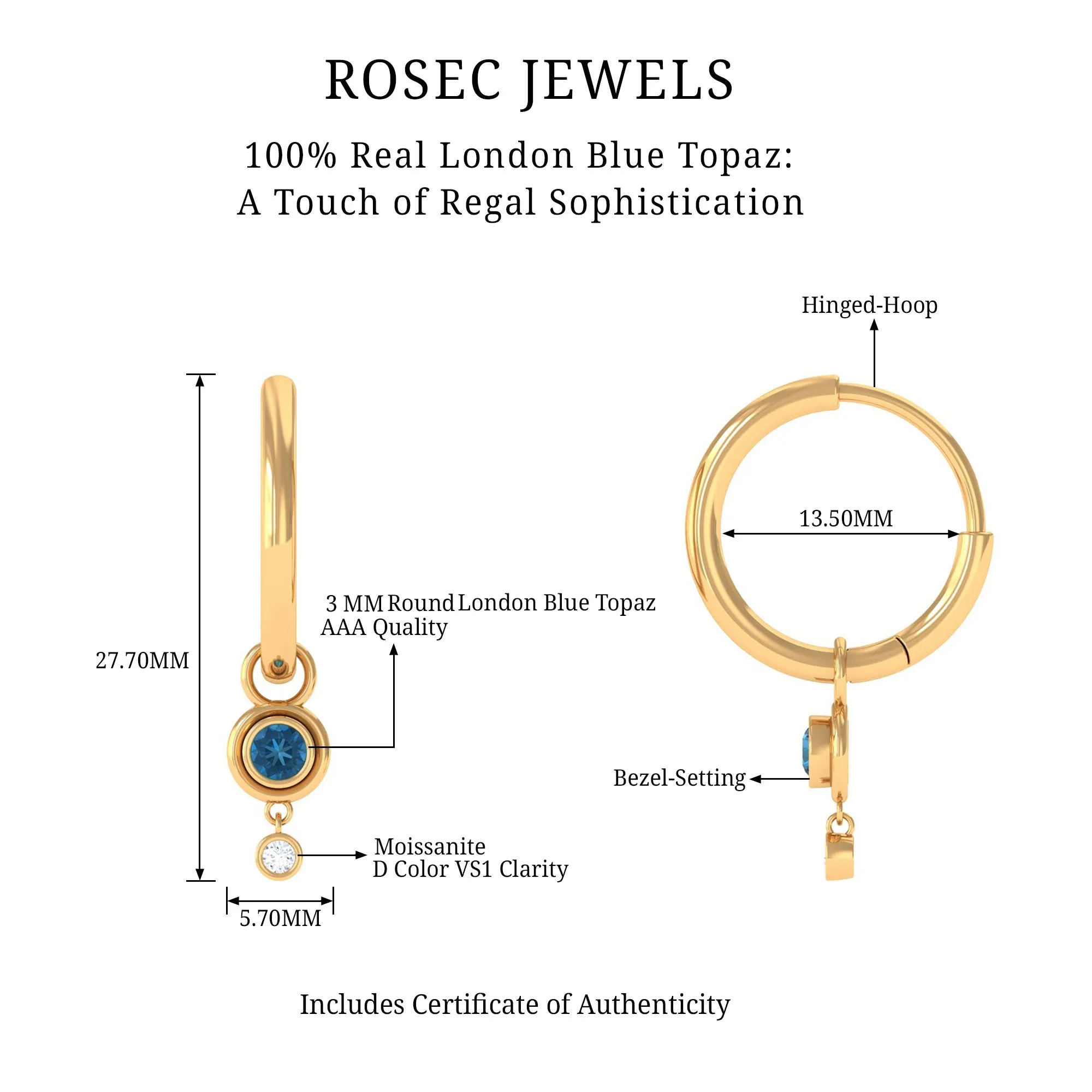 Bezel Set London Blue Topaz and Moissanite Hoop Drop Earrings in Gold