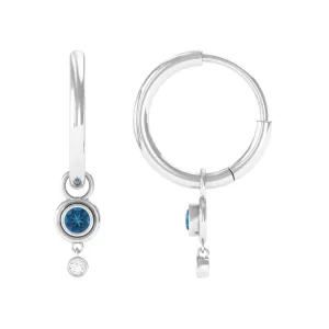 Bezel Set London Blue Topaz and Moissanite Hoop Drop Earrings in Gold