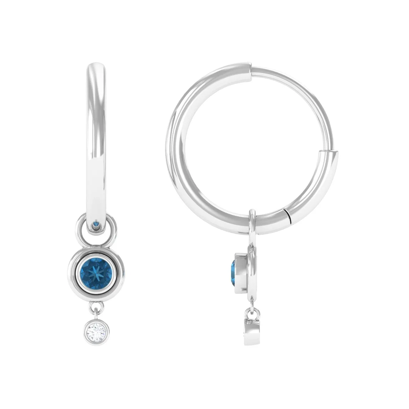 Bezel Set London Blue Topaz and Moissanite Hoop Drop Earrings in Gold