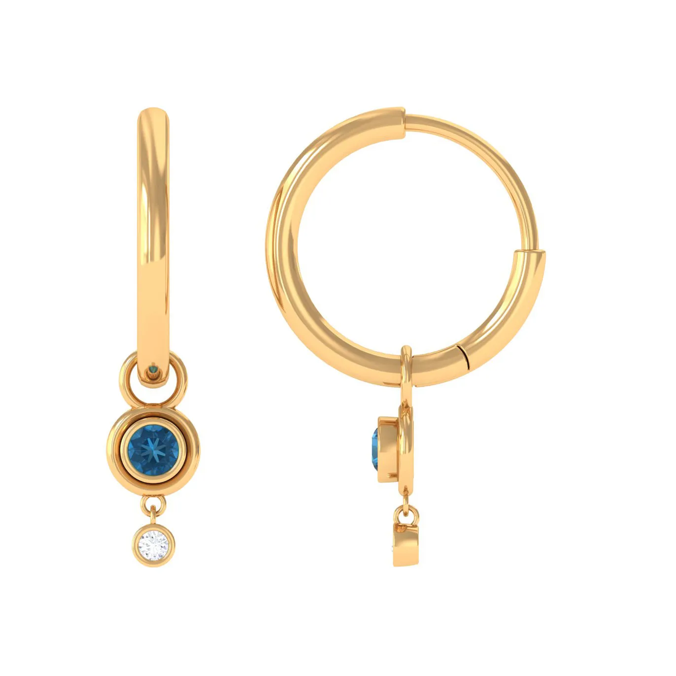 Bezel Set London Blue Topaz and Moissanite Hoop Drop Earrings in Gold