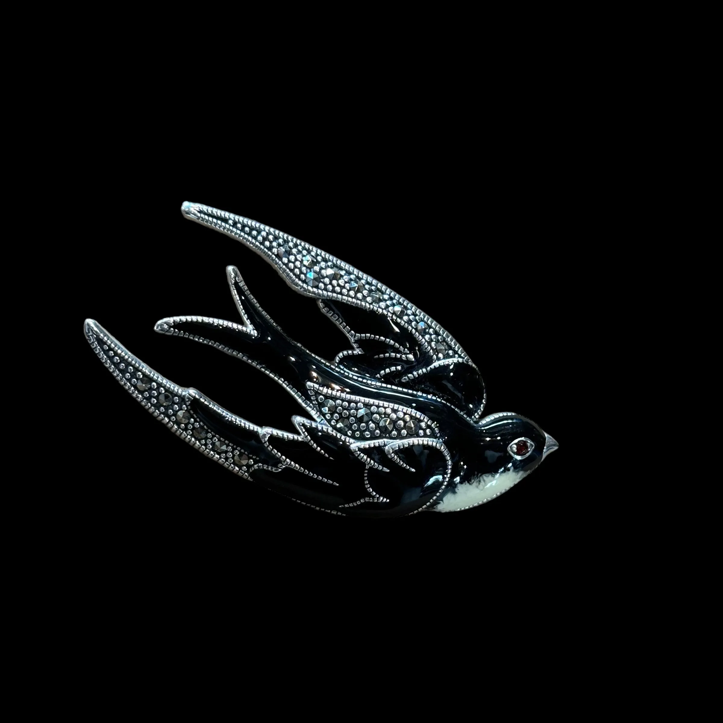 Black enamel Bird Brooch silver Marcasite