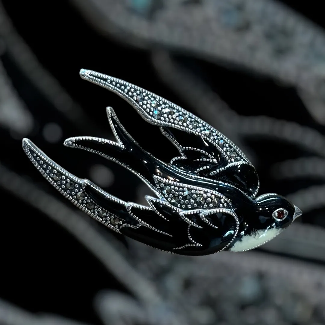 Black enamel Bird Brooch silver Marcasite