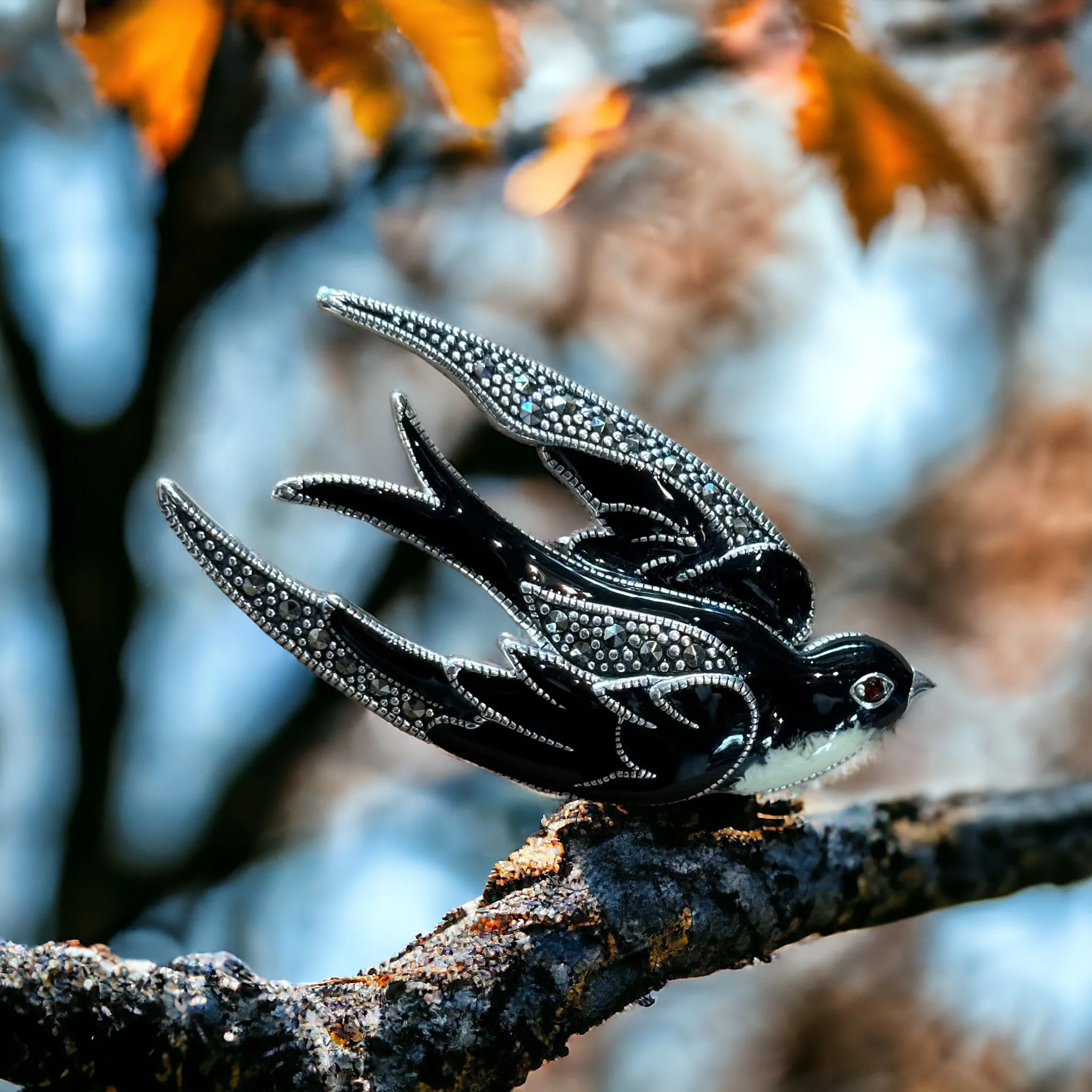 Black enamel Bird Brooch silver Marcasite