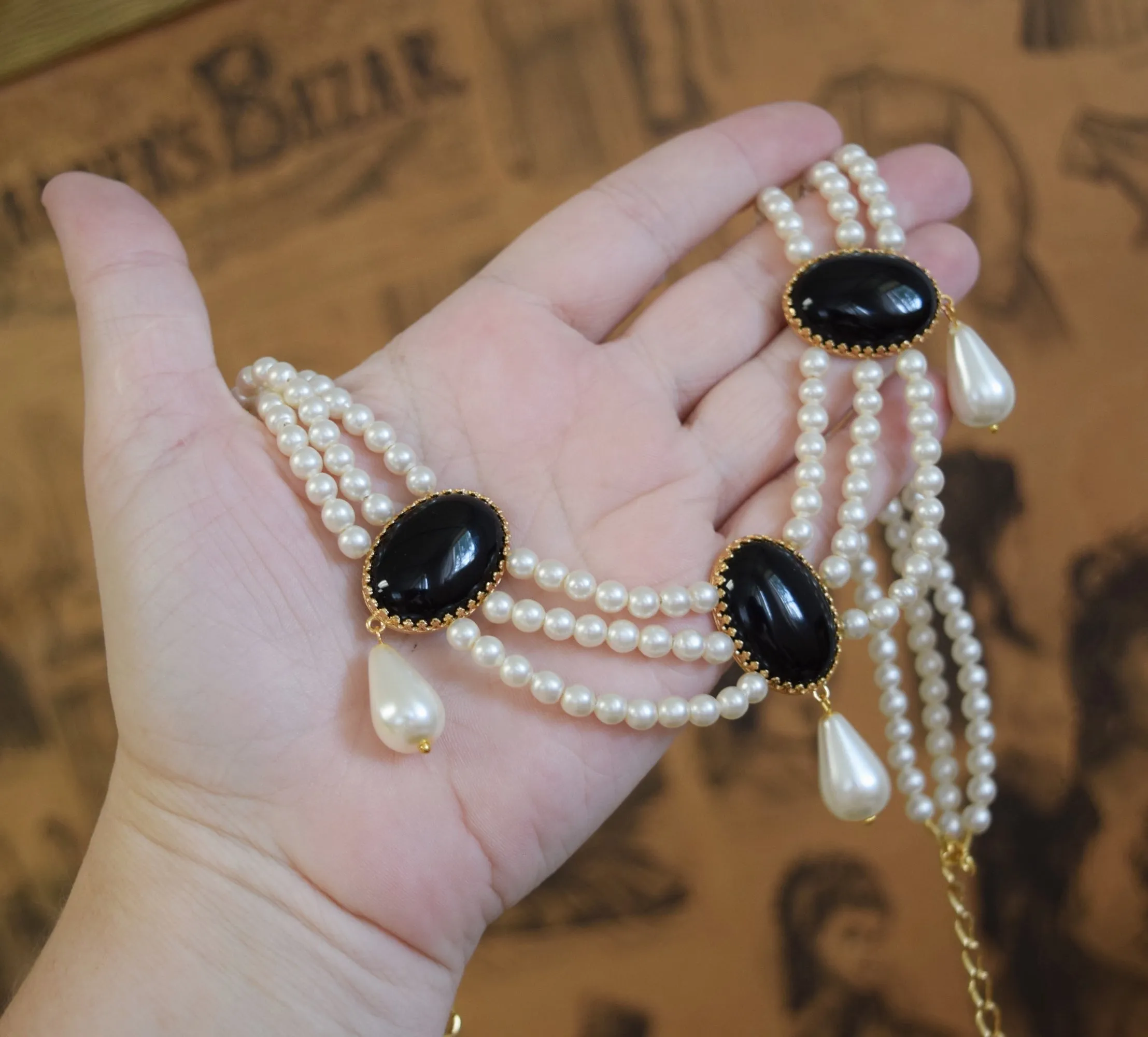 Black Onyx and Pearl Festoon Necklace