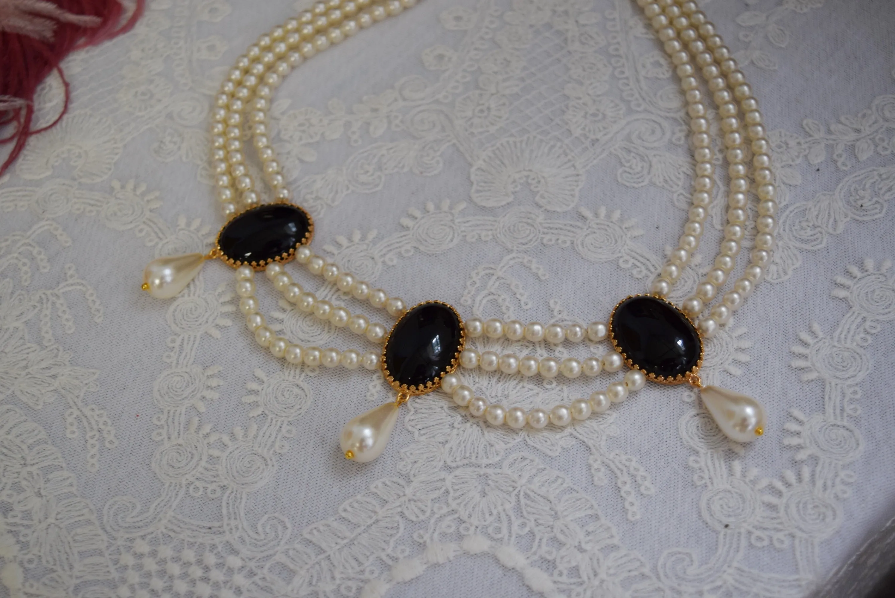 Black Onyx and Pearl Festoon Necklace