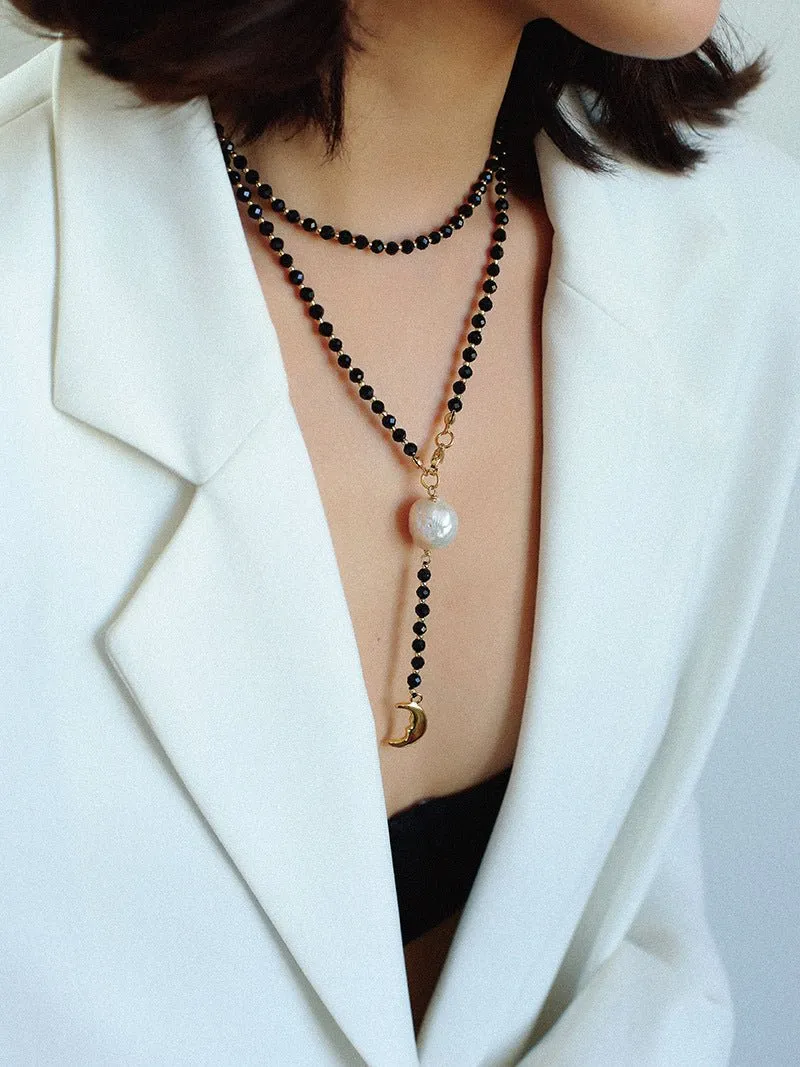 Black Onyx Baroque Pearl  Long Necklace