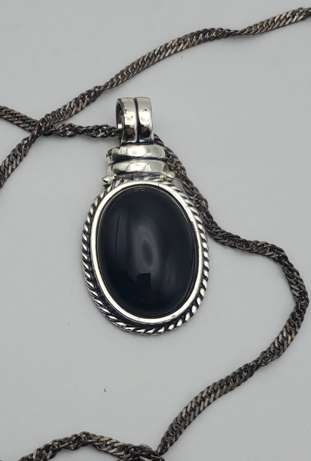 Black Onyx Pendant on Sterling Silver Italian Chain Necklace - 26"