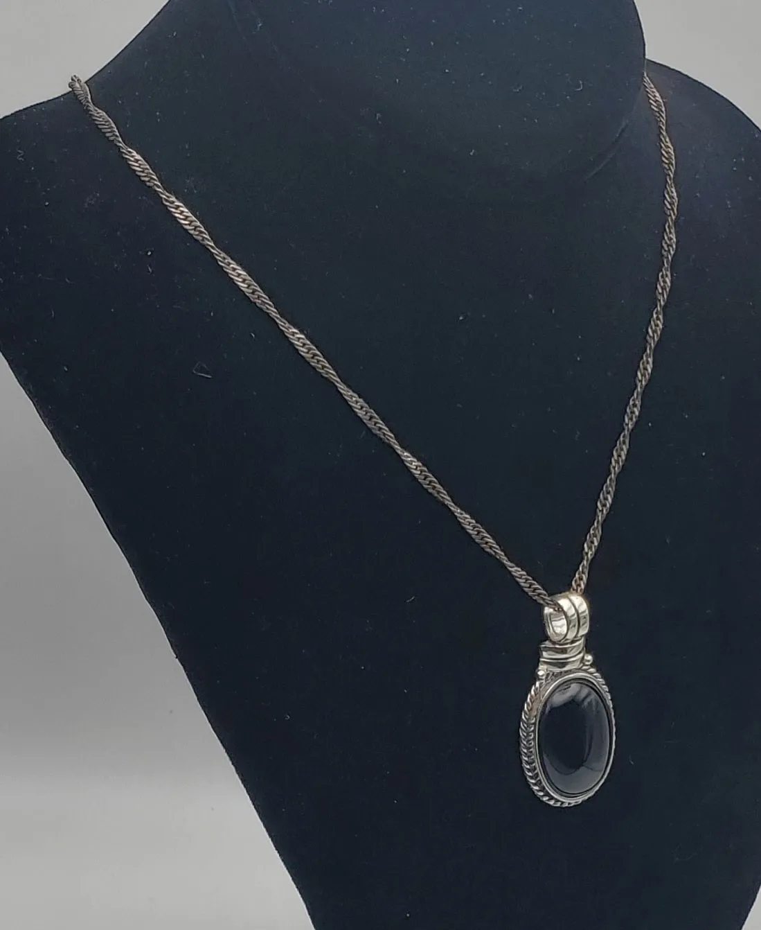 Black Onyx Pendant on Sterling Silver Italian Chain Necklace - 26"