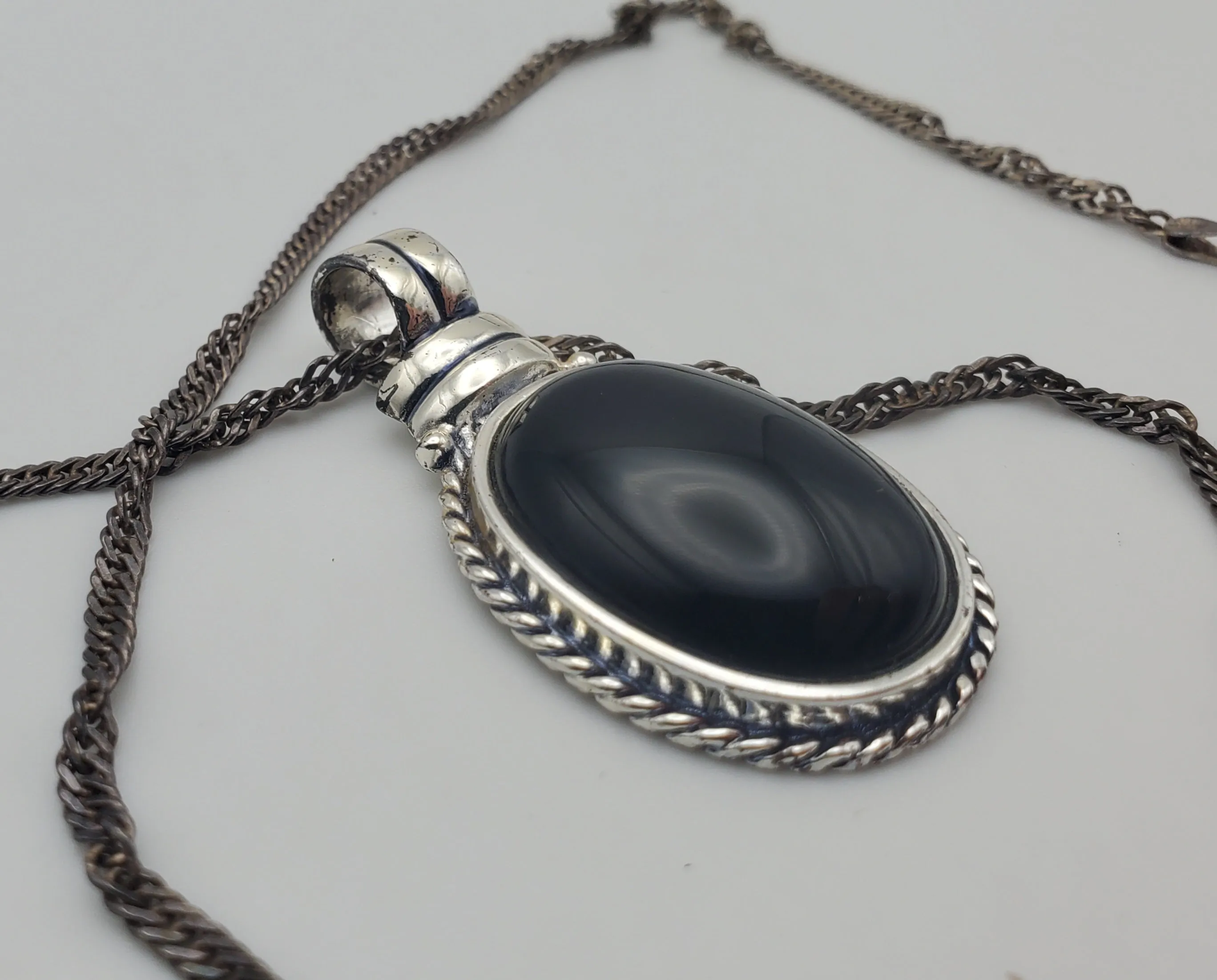 Black Onyx Pendant on Sterling Silver Italian Chain Necklace - 26"