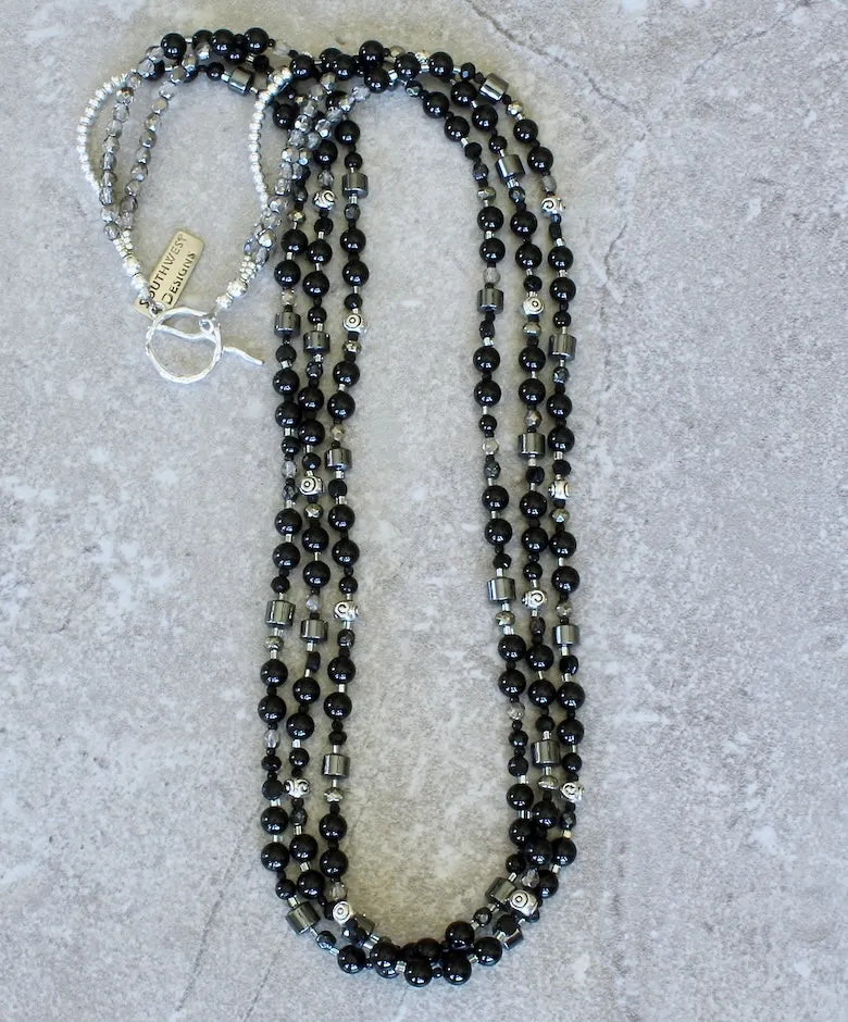 Black Onyx Rounds 3-Strand Necklace with Hematite, Czech Glass, Pyrite and Sterling Silver