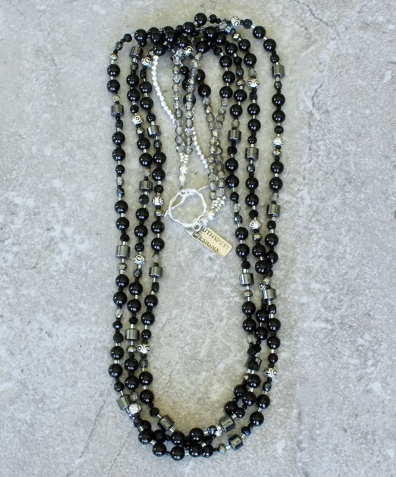 Black Onyx Rounds 3-Strand Necklace with Hematite, Czech Glass, Pyrite and Sterling Silver