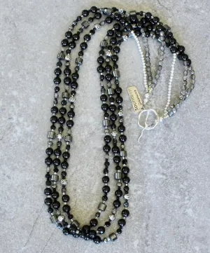 Black Onyx Rounds 3-Strand Necklace with Hematite, Czech Glass, Pyrite and Sterling Silver