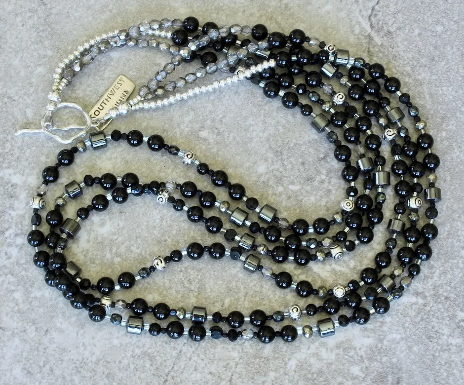 Black Onyx Rounds 3-Strand Necklace with Hematite, Czech Glass, Pyrite and Sterling Silver