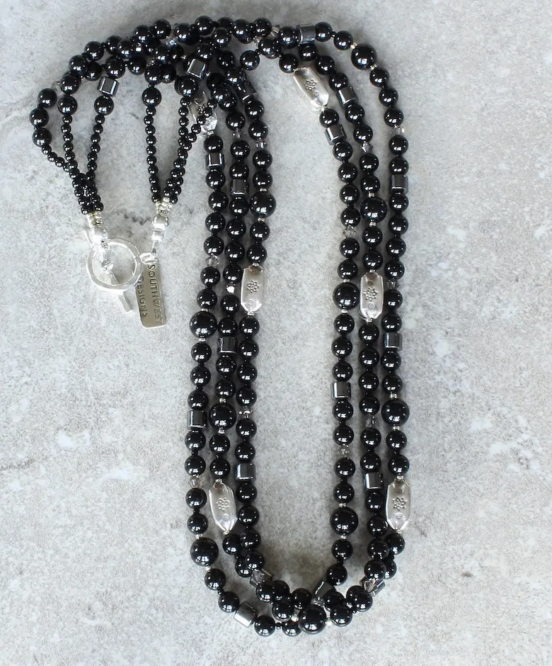 Black Onyx Rounds 3-Strand Necklace with Hill Tribe Silver Box Beads, Czech Glass, Hematite, and a Sterling Silver Toggle Clasp