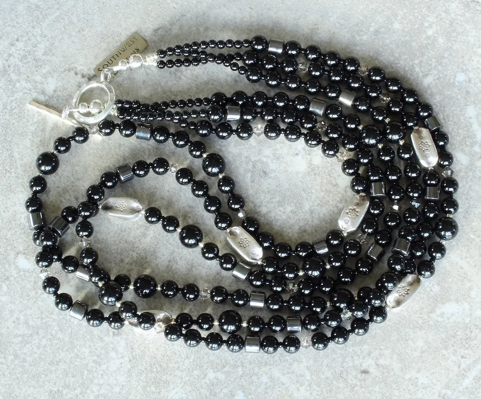 Black Onyx Rounds 3-Strand Necklace with Hill Tribe Silver Box Beads, Czech Glass, Hematite, and a Sterling Silver Toggle Clasp