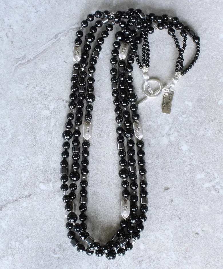 Black Onyx Rounds 3-Strand Necklace with Hill Tribe Silver Box Beads, Czech Glass, Hematite, and a Sterling Silver Toggle Clasp