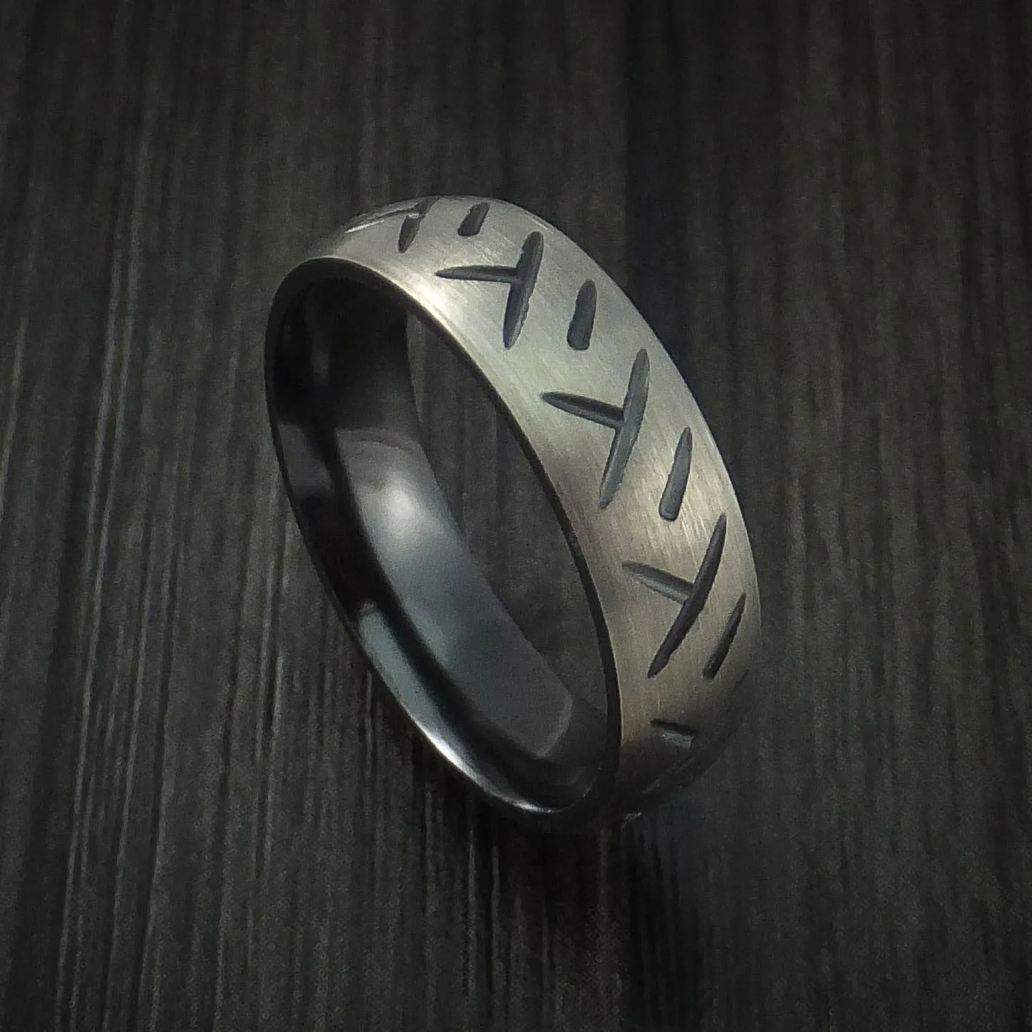 Black Titanium Cycle Tire Tread Textured Carved Men's Ring