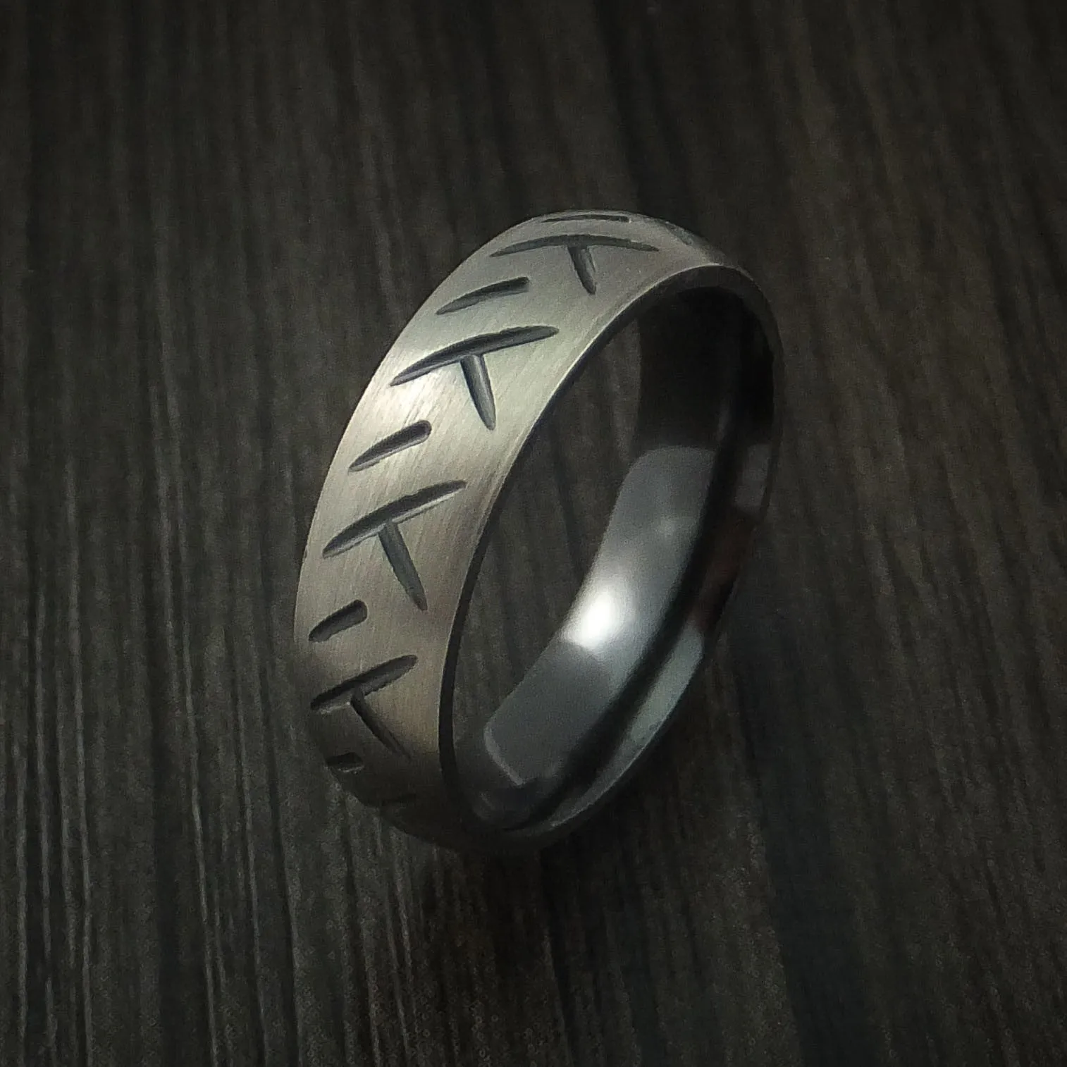 Black Titanium Cycle Tire Tread Textured Carved Men's Ring