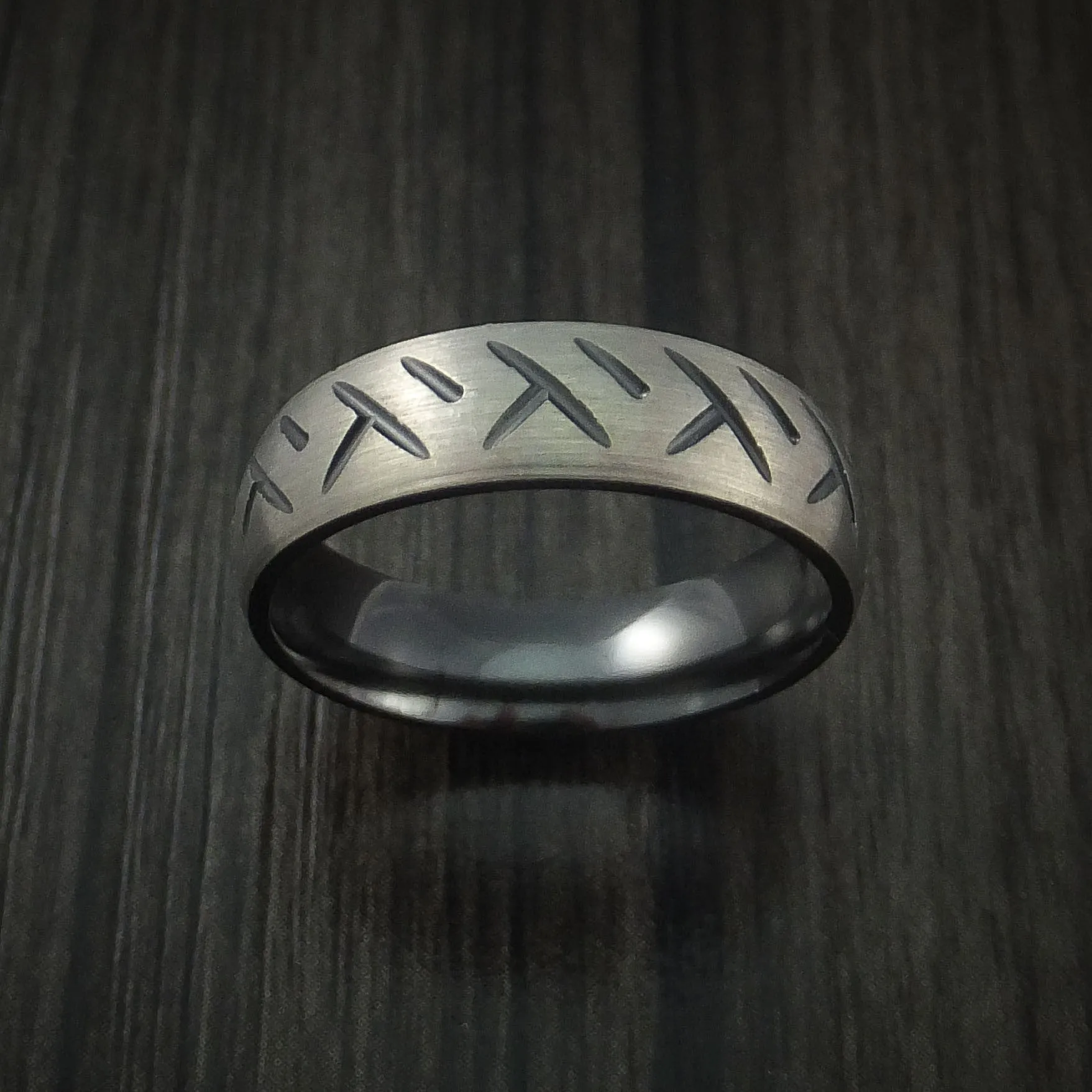 Black Titanium Cycle Tire Tread Textured Carved Men's Ring