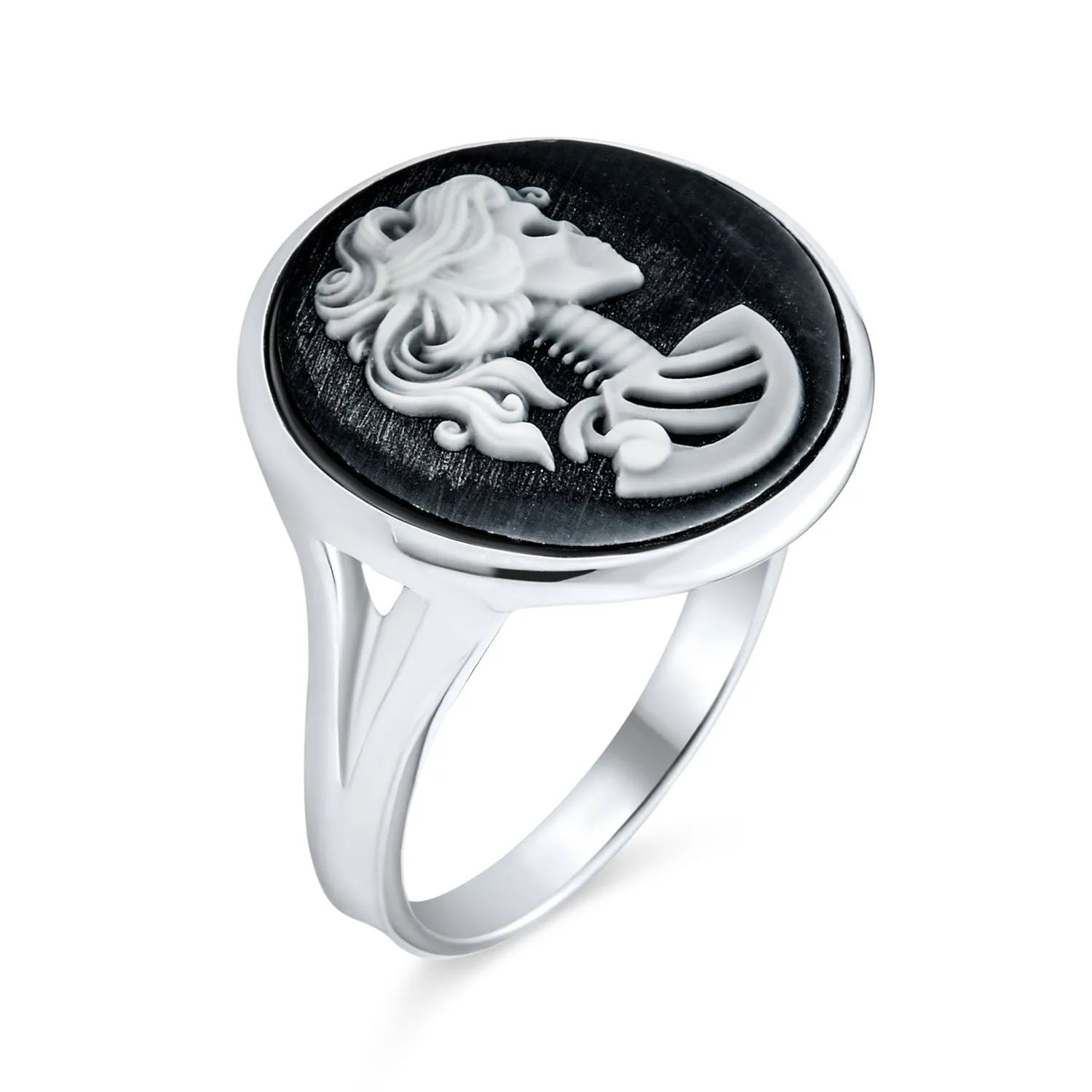 Black White Lolita Young Female Skelton Cameo Pendant Ring .925 Silver