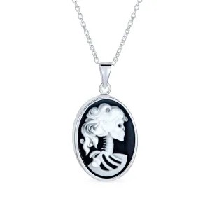 Black White Lolita Young Female Skelton Cameo Pendant Ring .925 Silver