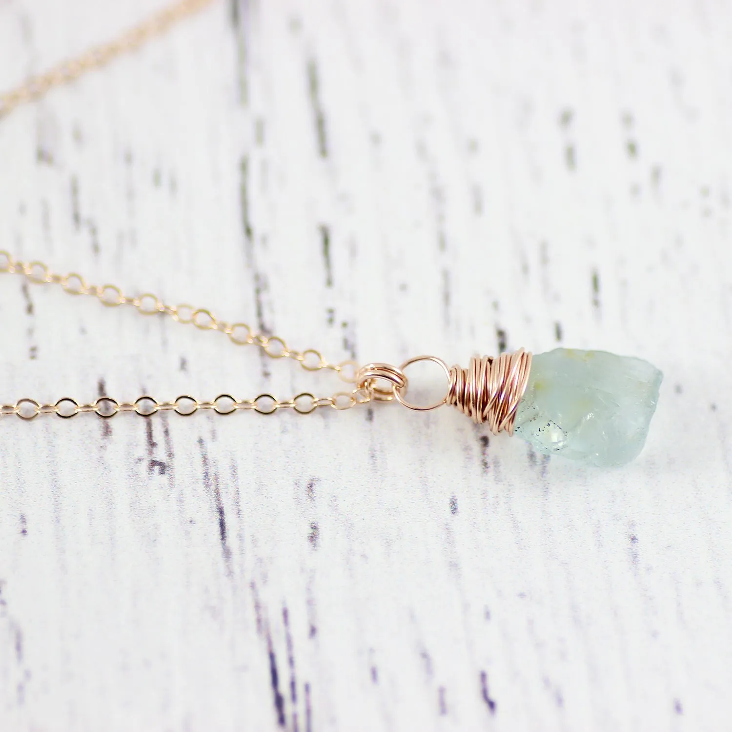 Blue Aquamarine Raw Gemstone Rose Gold Necklace