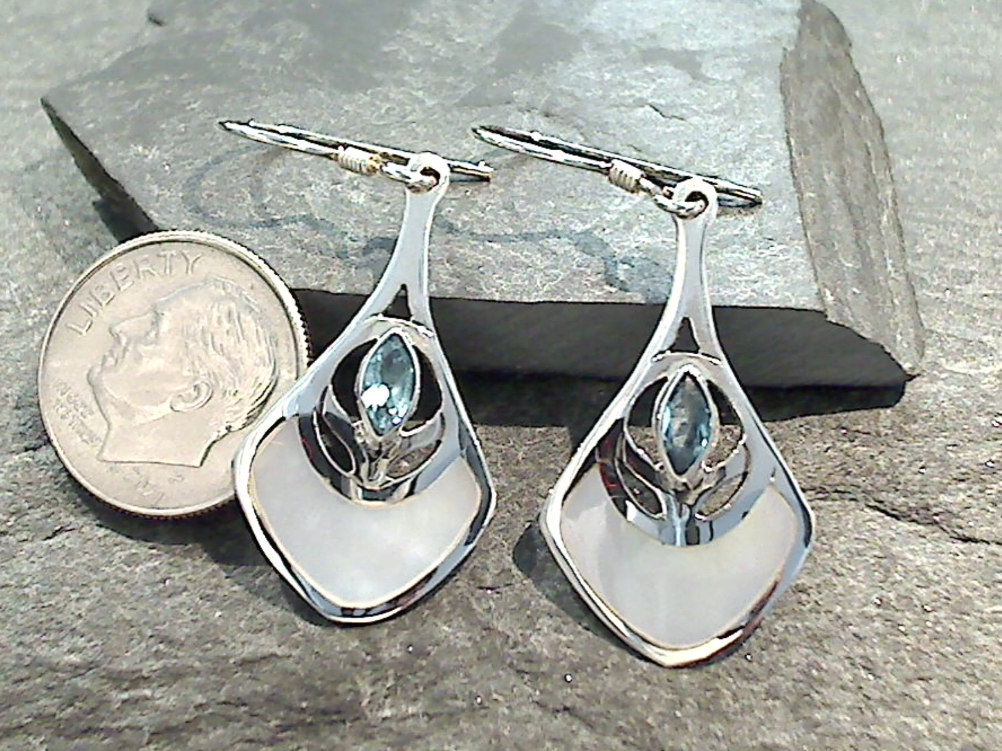 Blue Topaz, Mother Of Pearl, Sterling Silver Earrings