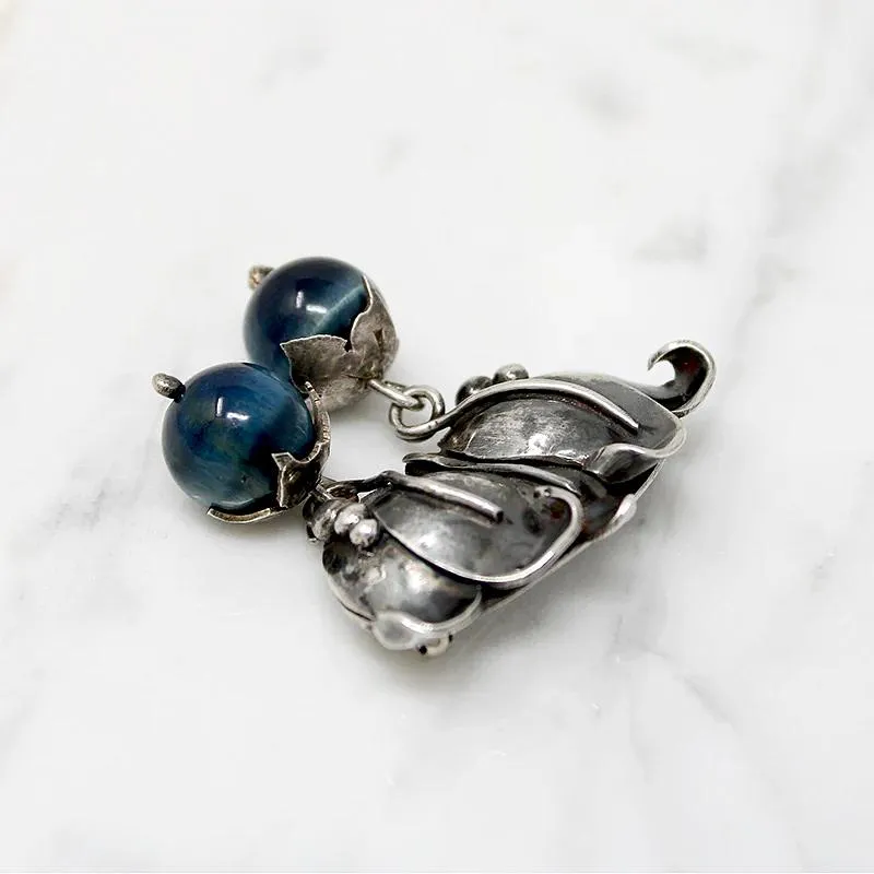 Blueberries Sterling & Blue Cat's Eye Brooch