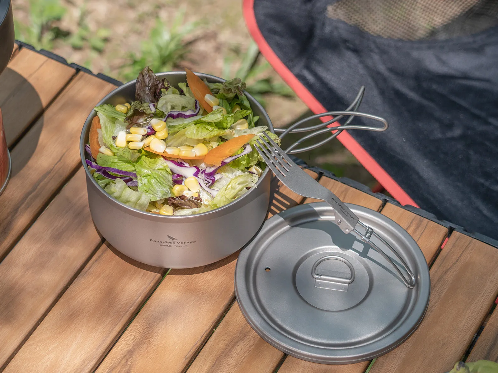 Boundless Voyage 1000ml Titanium Pot with Lid Outdoor Camping Individual Soldier Pot Single Layer Lunch Box with Folding Handle Portable Backpacking