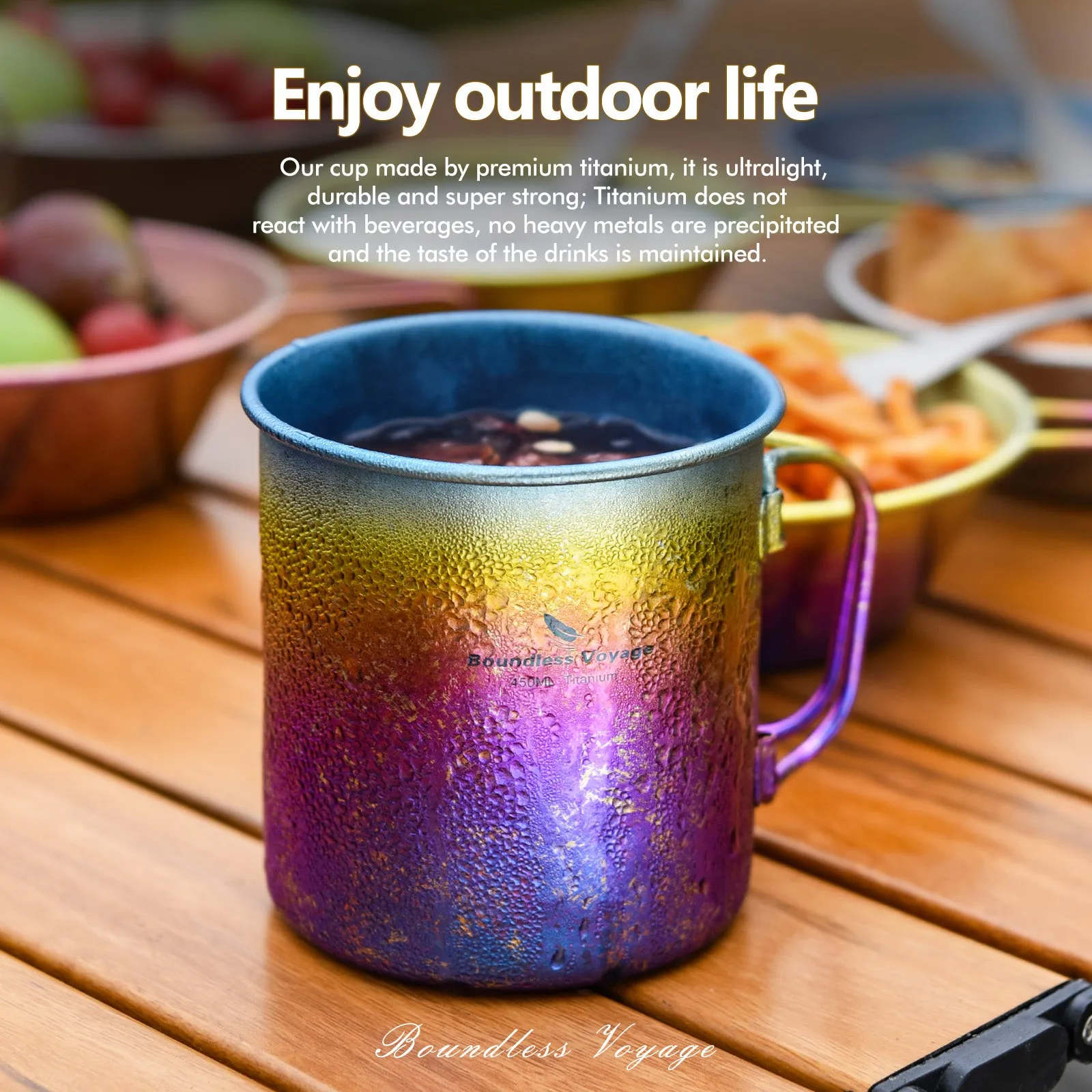 Boundless Voyage Outdoor Titanium  Colorful Cup 450ml Camping Mug Foldable Handle Outdoor Hiking Ultralight Portable Water Coffee Tea Cup