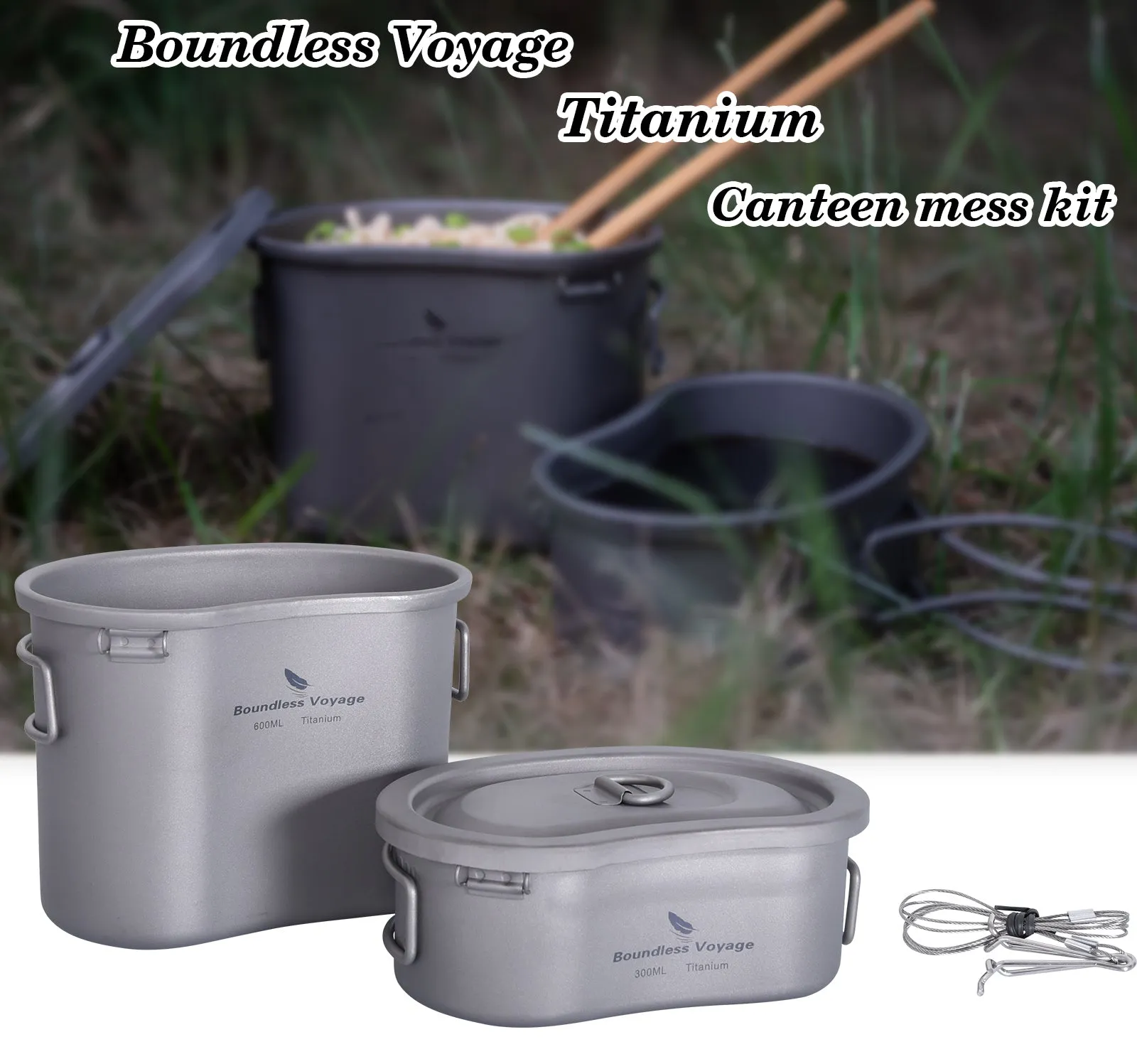 Boundless Voyage Outdoor Titanium Pot with Folding Handle Hanging Ring Camping Hiking Ultralight Portable Bowl Mess Kit 2 pcs