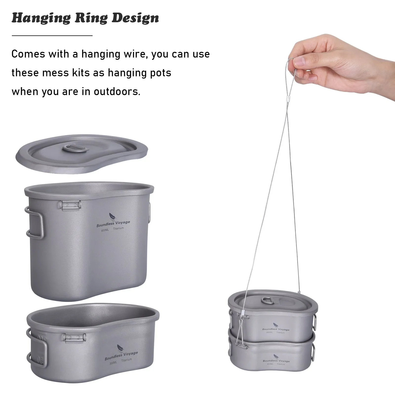 Boundless Voyage Outdoor Titanium Pot with Folding Handle Hanging Ring Camping Hiking Ultralight Portable Bowl Mess Kit 2 pcs