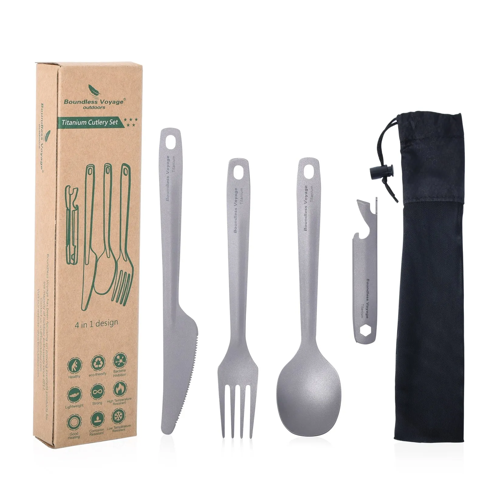 Boundless Voyage Titanium 4 in 1 Ultralightweight Cutlery Set For Home Outdoor Camping