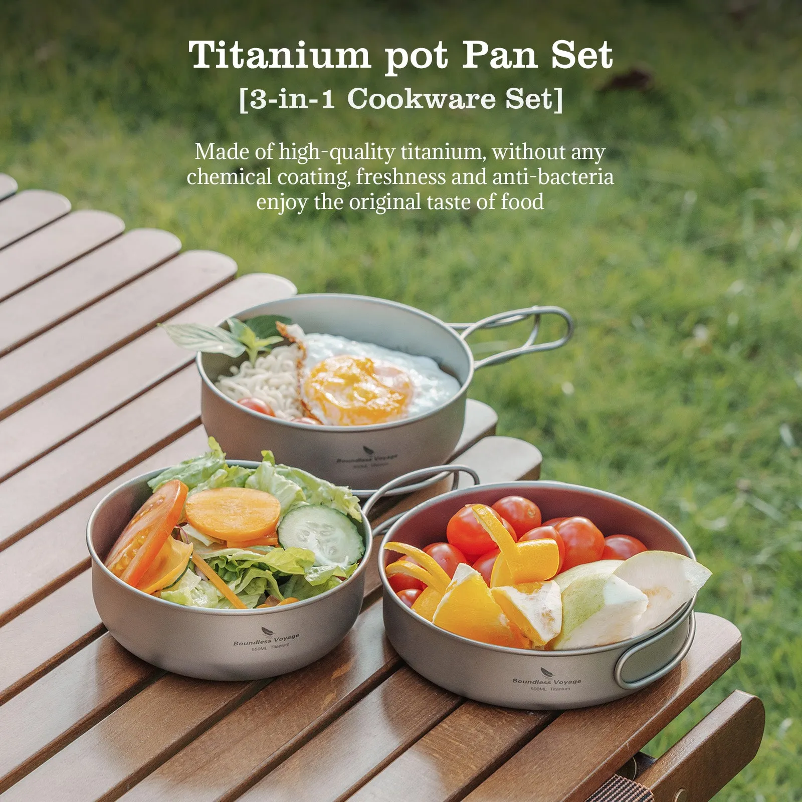 Boundless Voyage Titanium Bowl Pan Set Outdoor Camping Picnic Ultralight Cookware Dish Frying Pan Mess Kit 3pcs