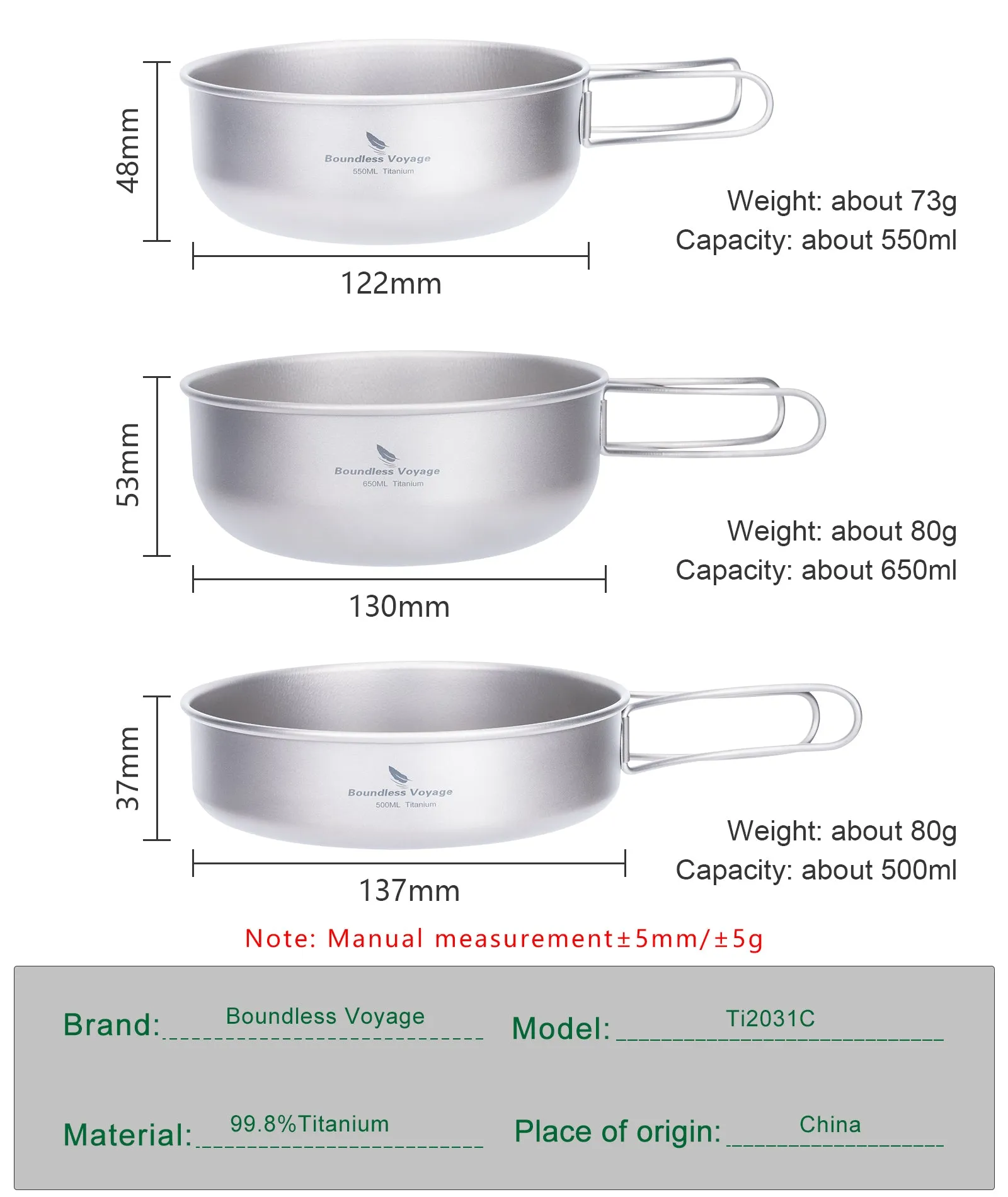 Boundless Voyage Titanium Bowl Pan Set Outdoor Camping Picnic Ultralight Cookware Dish Frying Pan Mess Kit 3pcs