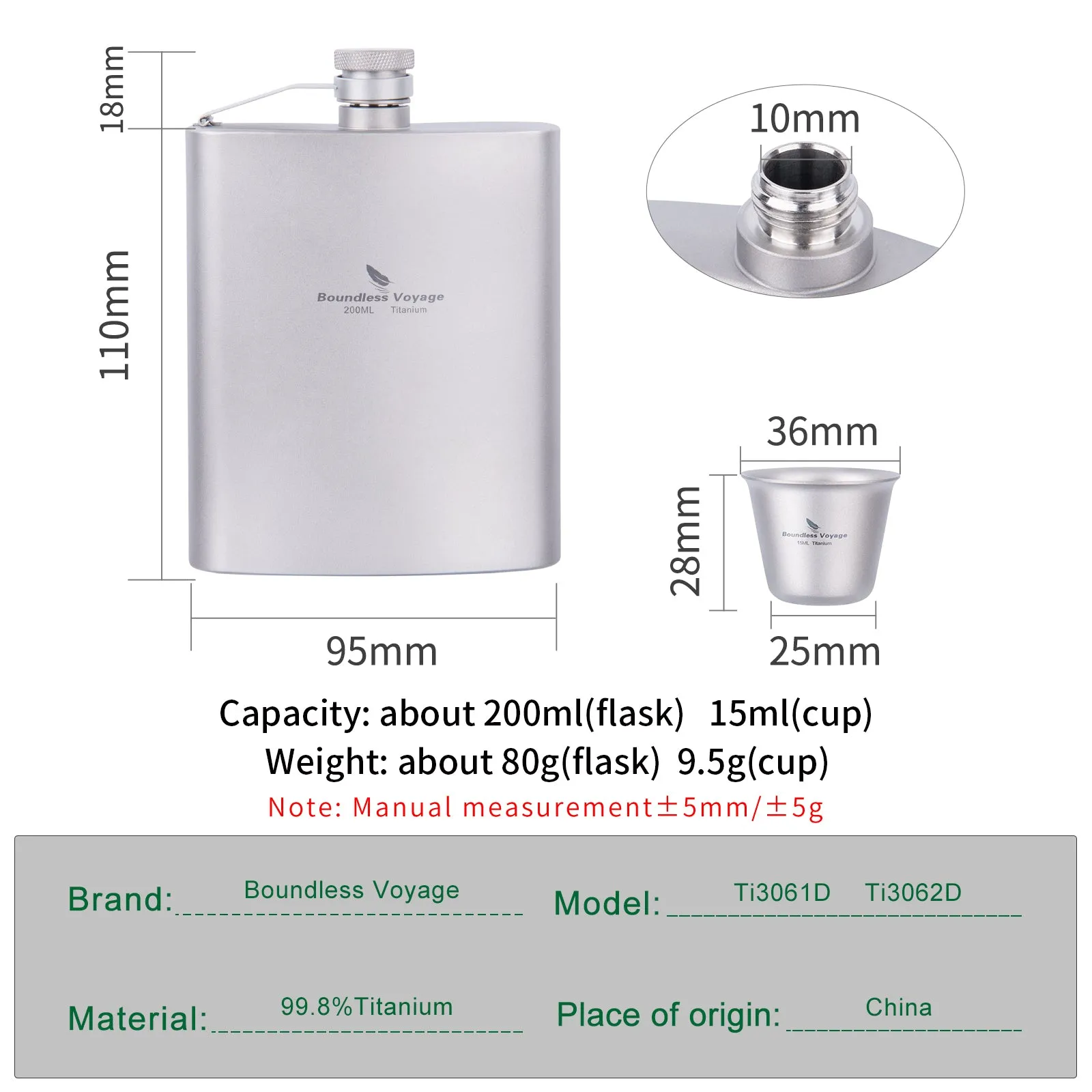 Boundless Voyage Titanium Hip Flask Mini Cup Set Outdoor Camping Hiking Climbing Pocket Whiskey Flagon Wine Bottle Mug 7oz/200ml