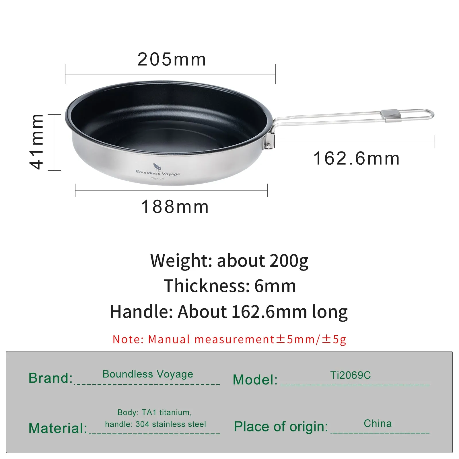 Boundless Voyage Titanium Non-stick Frying Pan 188mm Outdoor Camping Skillet with Folding Handle Lightweight Cookware