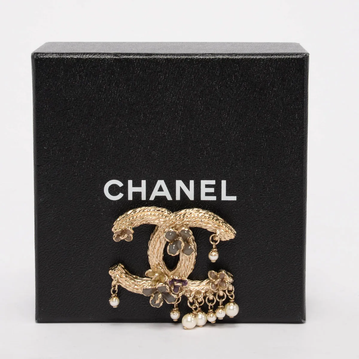 Chanel Light Gold Gripoix Flower & Pearl CC Brooch