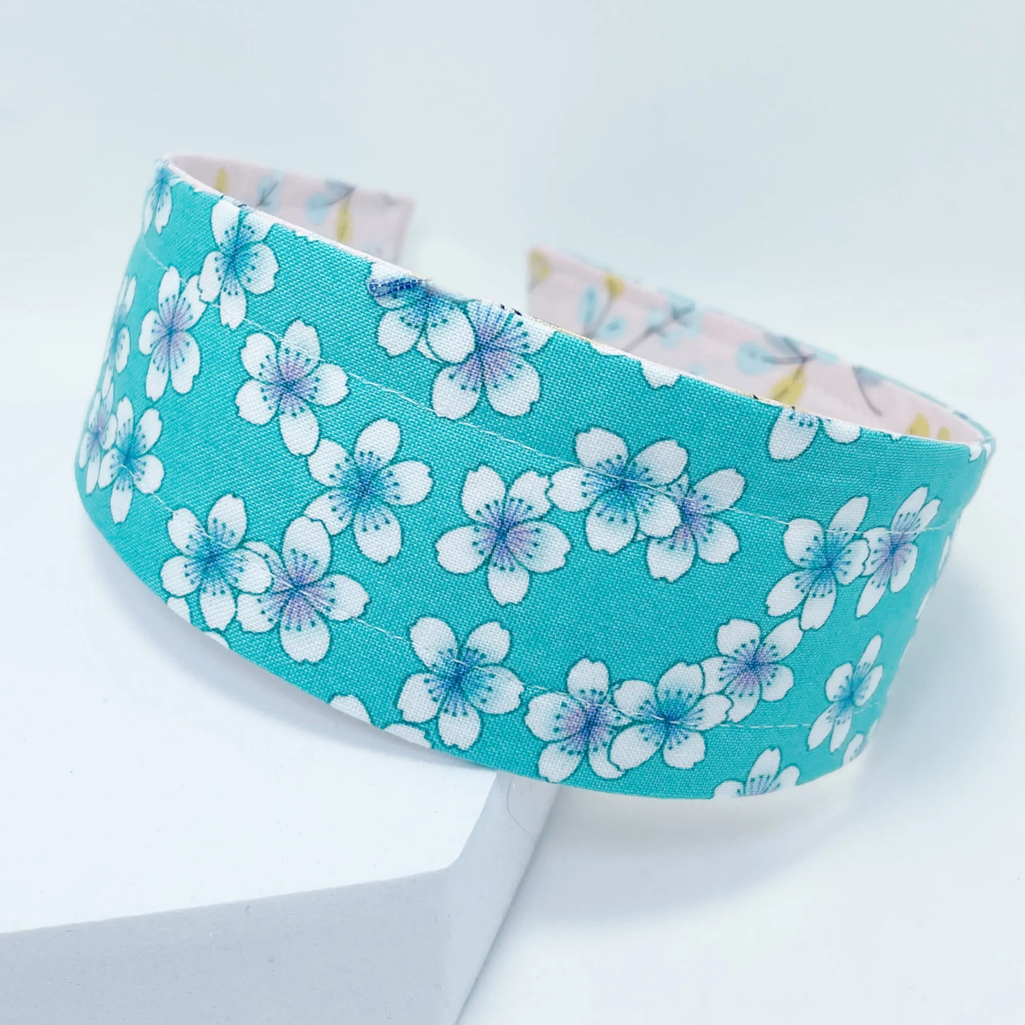 Comfortable Reversible Handmade Fabric Headband - Blush floral and Aqua Sakura