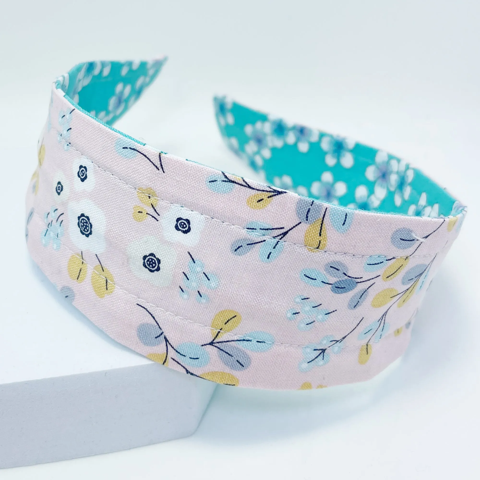 Comfortable Reversible Handmade Fabric Headband - Blush floral and Aqua Sakura